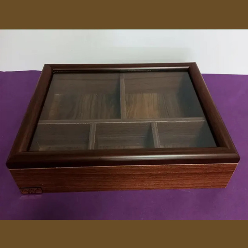 جعبه پذیرایی شکلات‌خوری با در شیشه‌ای، مدل 2025، بدون قفل، 5 طبقه، جنس MDF درجه یک، ابعاد 30×24×8 سانتی‌متر، مناسب شستشو با دست