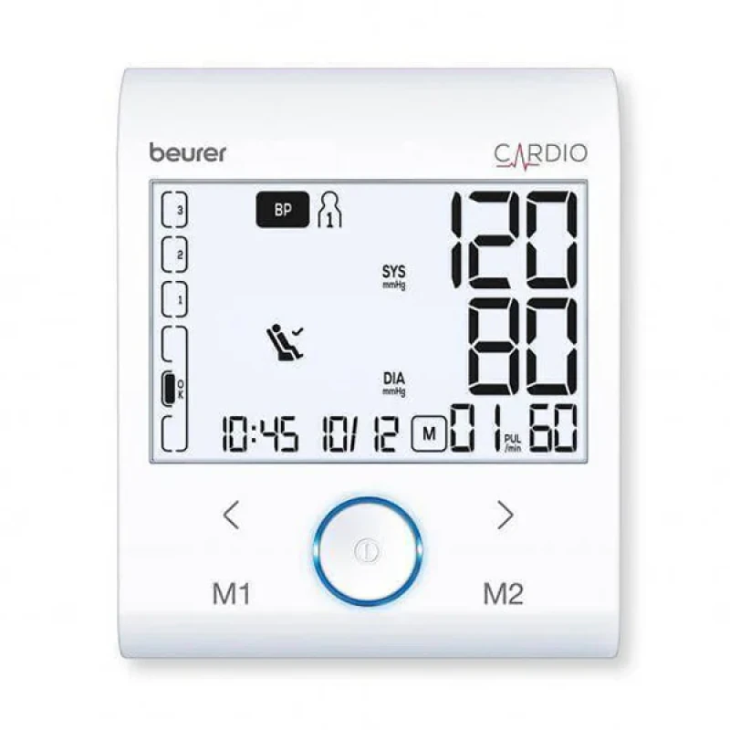 فشارسنج بازویی دیجیتال بیورر مدل BM96 با صفحه نمایش XL و نور پس‌زمینه سفید، تشخیص آریتمی پیشرفته، شاخص ریسک، حافظه دو کاربره هرکدام 60 رکورد، اتصال بلوتوث و USB، نمایش میانگین نتایج و هشدار باتری ضعیف