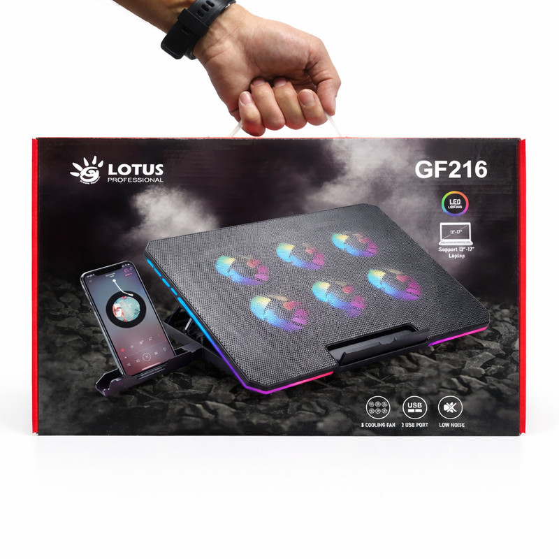 پایه خنک‌کننده لپ‌تاپ لوتوس مدل GF216-RGB-MOBILE STAND دارای شش عدد فن مناسب برای لپ تاپ‌های 14 تا 17 اینچی