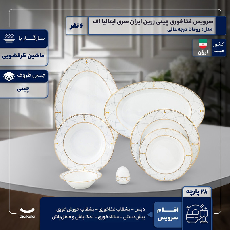 سرویس غذاخوری 28 پارچه 6 نفر چینی زرین ایران مدل رومانا سری ایتالیا اف درجه عالی