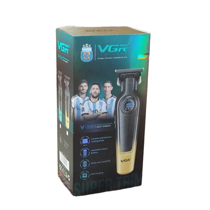 ماشین اصلاح موی سر و صورت شارژی وی جی ار مدل V-996 با تیغه سرامیک و تیتانیوم پیشرفته، باتری لیتیوم یون 2000 میلی‌آمپر، سرعت موتور 7000 دور در دقیقه، طراحی ارگونومیک، قابلیت اصلاح خشک و مرطوب، نمایشگر وضعیت باتری و اصلاح با شماره صفر