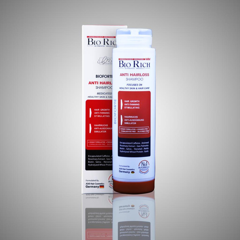 شامپو روزانه تقویت‌کننده و ضد ریزش مو بایوریچ مخصوص انواع مو، حجم 250 میلی‌لیتر مدل ANTI HAIR LOSS، حاوی کراتین، بدون سولفات، حجم‌دهنده و ترمیم‌کننده با عصاره مریم گلی، گزنه و، رزماری