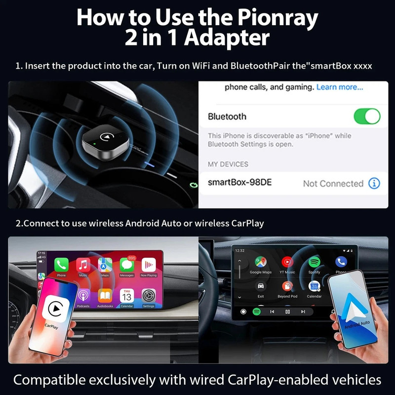 کارپلی و اندروید اتو مدل CPAA-Wifi Box به همراه مبدل USB به USB-C و مبدل USB