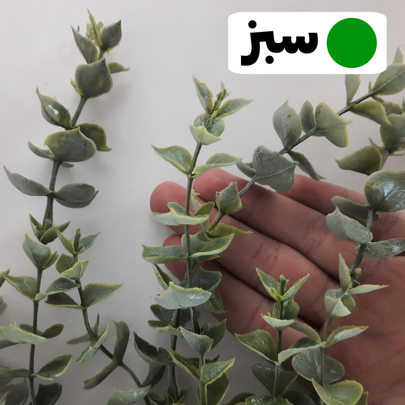 گل مصنوعی آویزی طرح شمشاد با برگ‌های شمشاد مات و گلدان حصیری روستیک، مناسب دکور دیواری و رومیزی، ابعاد 25×25×80 سانتی‌متر، وزن 150 گرم