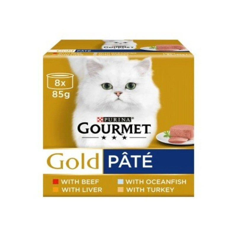 کنسرو غذای گربه بالغ گورمت مدل Gold Pate بافت  پته  با طعم ماهی، بوقلمون، گوشت گاو و جگر بسته 8 عددی