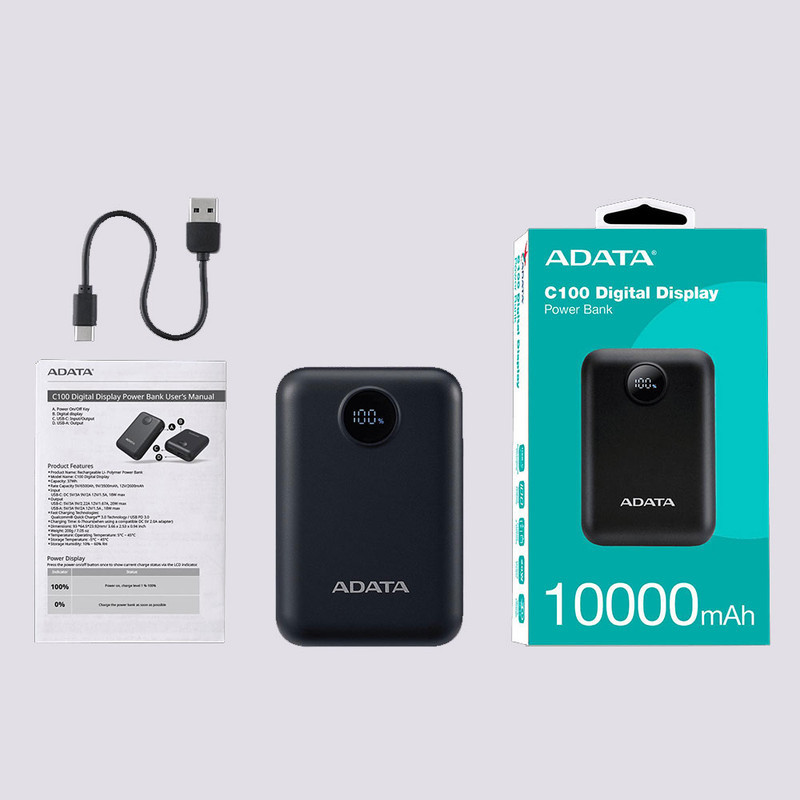 پاوربانک 20 وات ای دیتا مدل C100 Digital Display ظرفیت 10000 میلی‌آمپرساعت