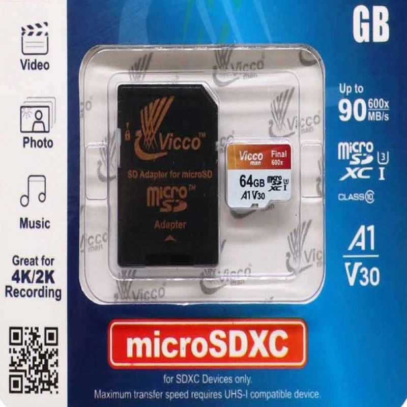 کارت حافظه microSDXC ویکومن مدل 600x plus کلاس 10 استاندارد UHS-I U3 A1 V30 سرعت 90MBs ظرفیت 64 گیگابایت به همراه آداپتور SD
