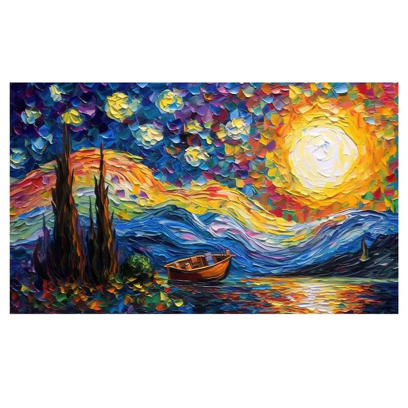 فرش پارچه‌ای مدل فرشینه طرح شب پر ستاره و قایق چوبی کد AR3060306