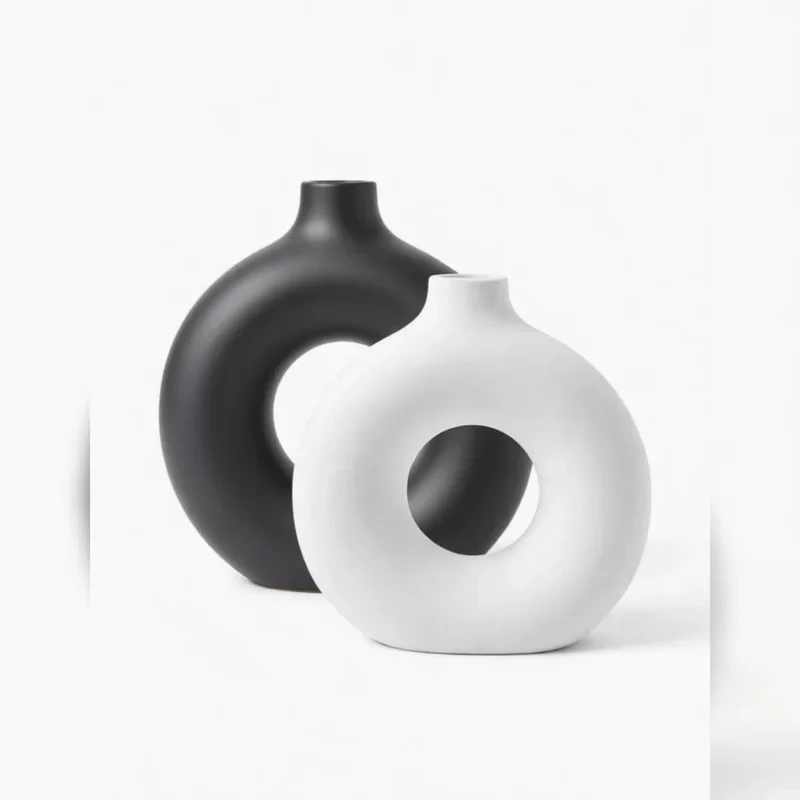 گلدان دکوری مدل donut بسته 2 عددی رومیزی سفالی بیضی مناسب گل‌های آپارتمانی، ابعاد 21×21×21 سانتی‌متر، وزن 200 گرم، مناسب گل خشک و تزئینی