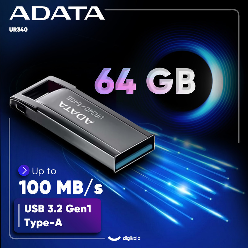 فلش مموری ای دیتا مدل UR340 ظرفیت 64 گیگابایت با بدنه فلزی، رابط USB 3.2 Gen1 Type-A، سرعت انتقال 100 مگابایت بر ثانیه و پشتیبانی از سیستم‌عامل‌های ویندوز، مک و لینوکس