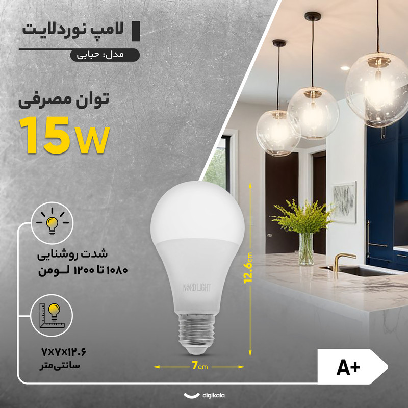 لامپ 15 وات نوردلایت مدل حبابی پایه E27 مجموعه دو عددی