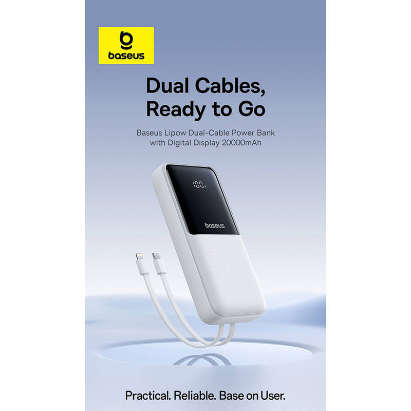 پاوربانک 22 وات بیسوس مدل LIPOW Dual ظرفیت 20000 میلی‌آمپرساعت به همراه کابل USB-C و لایتنینگ