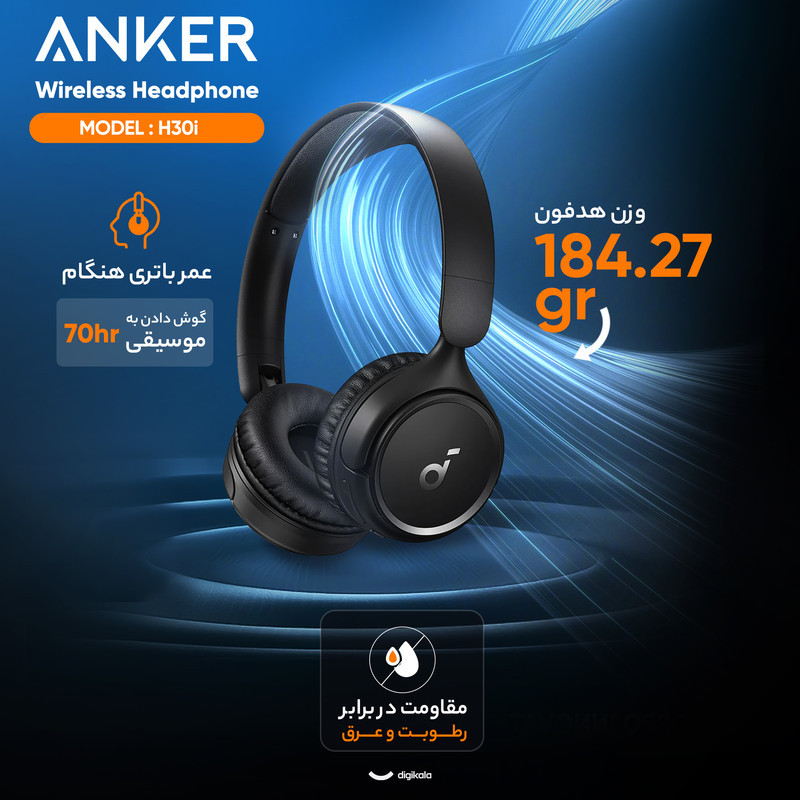 هدفون بلوتوثی انکر مدل Soundcore H30i بدون قابلیت نویز کنسلینگ، درگاه شارژ USB Type-C، دارای میکروفون داخلی با کیفیت بالا، مجهز به فناوری BassUp، مقاومت در برابر رطوبت و عرق