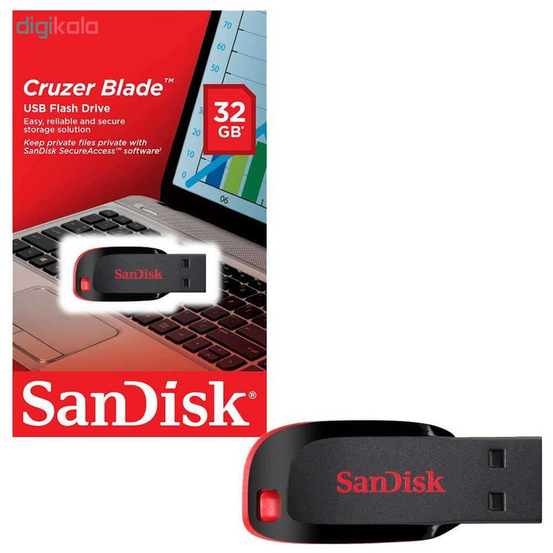 فلش مموری سن دیسک مدل Cruzer Blade CZ50 ظرفیت 32 گیگابایت با رابط USB 2.0، سرعت انتقال 480 مگابیت بر ثانیه، قابلیت رمزگذاری اطلاعات و بدنه مقاوم در برابر لک و اثر انگشت