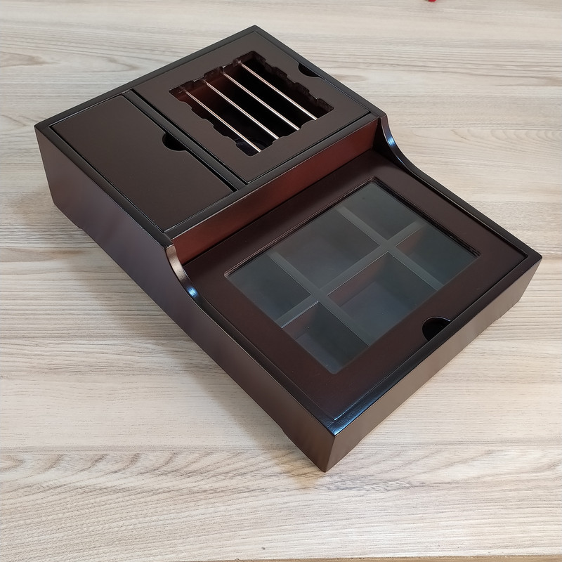 جعبه پذیرایی تی بگ وارمر پله کد 1، جنس MDF، مناسب گرم نگهداشتن دمنوش و چای، دارای 6 پارت کوچک برای تنقلات و چای و 1 پارت بزرگ برای نبات و نسکافه