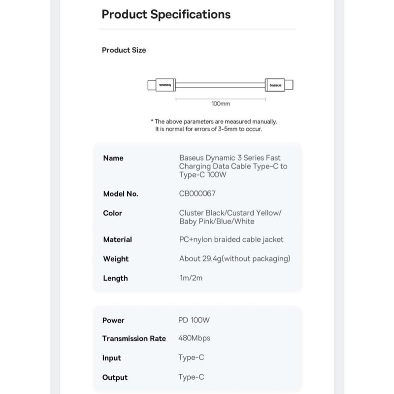 کابل USB-C  بیسوس مدل Dynamic 3 Series 100W طول 1 متر