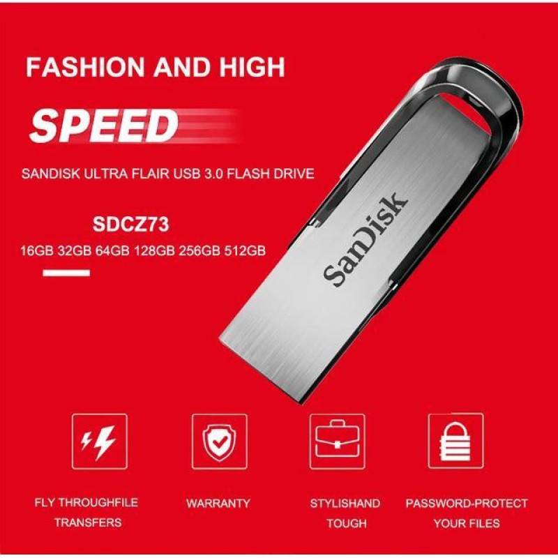 فلش مموری سن دیسک مدل Ultra Flair CZ73 ظرفیت 512 گیگابایت با بدنه فلزی، رابط USB 3.0 و سرعت خواندن 150 مگابایت بر ثانیه، سازگار با ویندوز، مک، گوشی، تبلت و تلویزیون