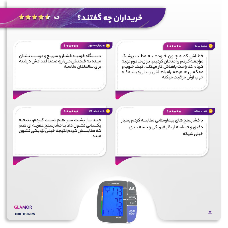 فشارسنج بازویی دیجیتال گلامور مدل TMB-1112NEW دو کاربره با تکنولوژی MWI، تشخیص آریتمی، حافظه بیش از 250 رکورد، نمایشگر رنگی با نور پس‌زمینه آبی، کاف دو سایز 22 تا 42 سانتی‌متر، منبع تغذیه برق و باتری و کیف ضد ضربه