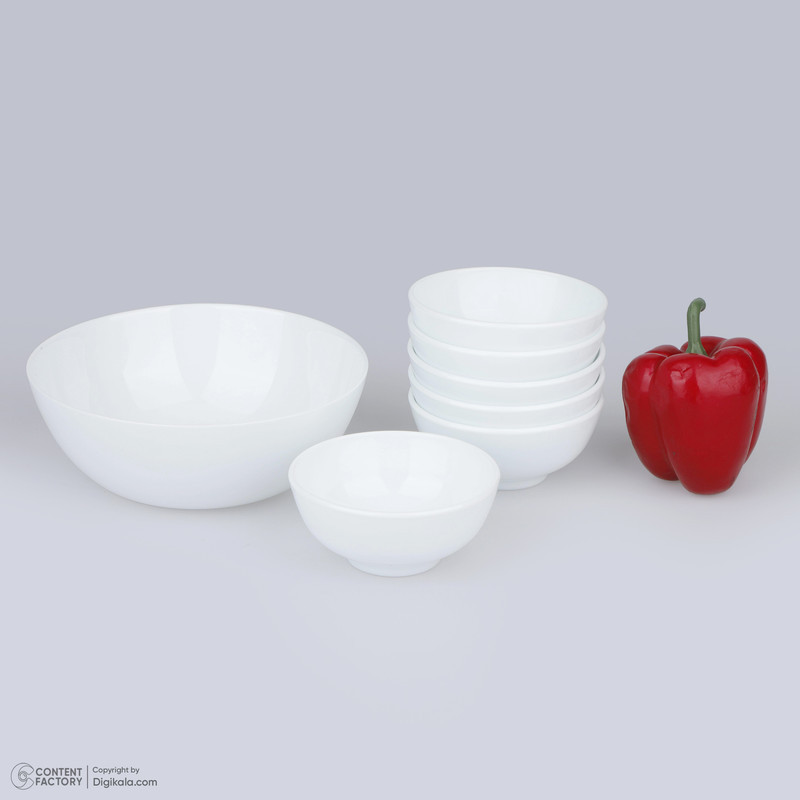 سرویس 7 پارچه آرکوپال دینو طرح دایره ورژن 7 شامل 1 کاسه بزرگ 7×19×19 سانتی‌متر وزن 375 گرم و 6 پیاله 6×11×11 سانتی‌متر وزن 230 گرم، مقاوم در برابر شوک حرارتی، مناسب شستشو با دست و ماشین ظرفشویی