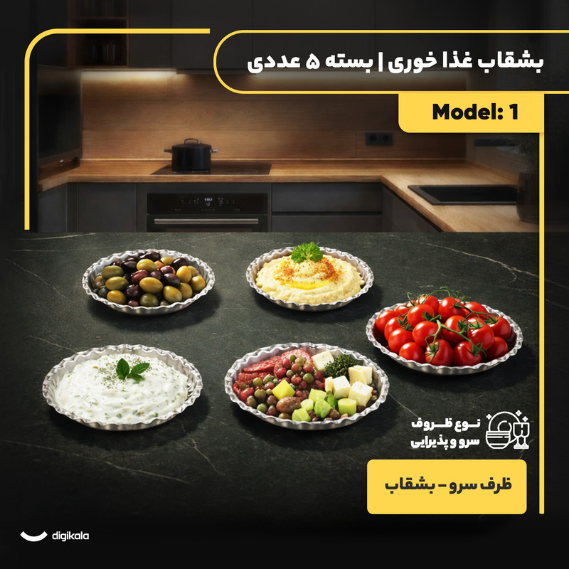 بشقاب پذیرایی استیل دایره‌ای 5 عددی، ابعاد 20×20 سانتی‌متر