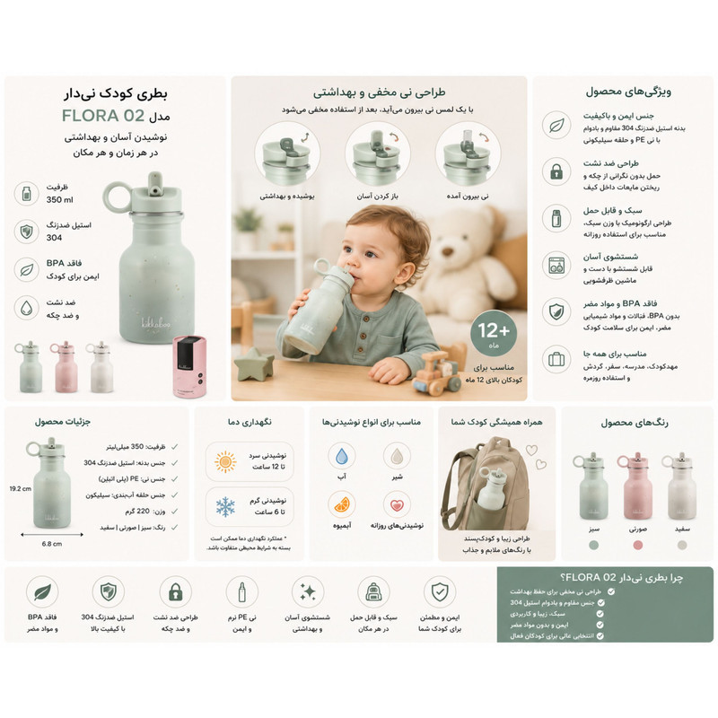 قمقمه کودک کیکابو مدل Flora02 گنجایش 350 میلی متر