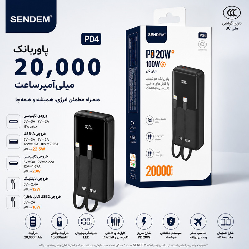 پاوربانک 22.5 وات سندم مدل P04 ظرفیت 20000 میلی‌آمپرساعت