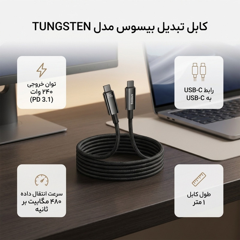 کابل تبدیل USB-C باسئوس مدل (TUNGSTEN  (240W طول 1 متر