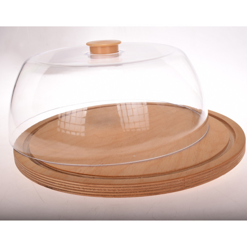 ظرف کیک چوبی با درب طلقی و دستگیره پلاستیکی، قطر 25 cm، ارتفاع 12 cm، قابل شست‌وشو در ماشین ظرفشویی، کد 1010
