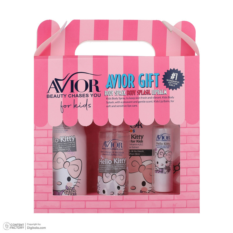 اسپری بدن کودک اویور مدل hello kitty حجم 130 میلی‌لیتر با رایحه گرم مناسب زمستان به همراه بادی اسپلش اویور مدل hello kitty حجم 60 میلی‌لیتر و بالم لب اویور مدل hello kitty  با وزن 2.8 گرم