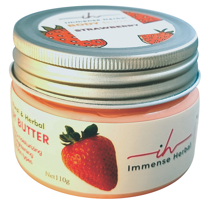 کره بدن ایمنس هربال مدل VIP_STRAWBERRY وزن 110 گرم با رایحه توت فرنگی، مرطوب‌کننده و روشن‌کننده پوست، حاوی کره کاکائو، شی باتر، روغن جوجوبا، روغن جوانه گندم، روغن نارگیل و موم زنبور عسل، مناسب انواع پوست و ضد خشکی و ضد چروک