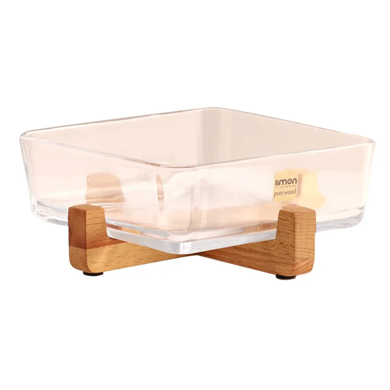 ظرف سرو مربع شیشه‌ای پایه چوبی لیمون مدل 1804 مناسب سرو مرغ، استیک، سالاد و دسر با قابلیت شست‌وشو در ماشین ظرفشویی و دست