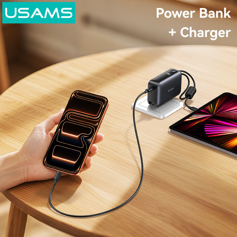 پاوربانک 22.5 وات یوسمز مدل CD260 ظرفیت 10000 میلی‌آمپرساعت به همراه 2 عدد کابل USB-C و لایتنینگ