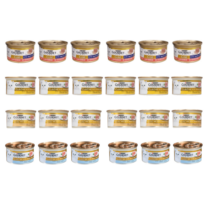 کنسرو غذای گربه بالغ گورمت مدل سفارش ترکیه با طعم ماهی،مرغ، بوقلمون و گوشت گاو بسته 24 عددی