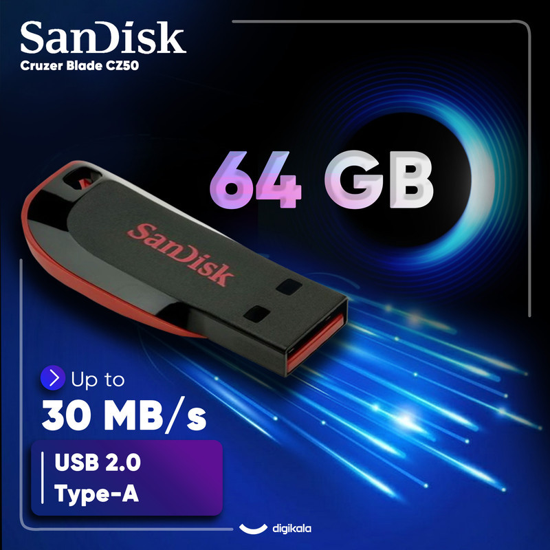 فلش مموری 64 گیگابایت سن دیسک مدل Cruzer Blade CZ50 با رابط USB 2.0، بدنه مات مقاوم در برابر اثر انگشت، قابلیت رمزگذاری نرم‌افزاری و شیار اتصال بند