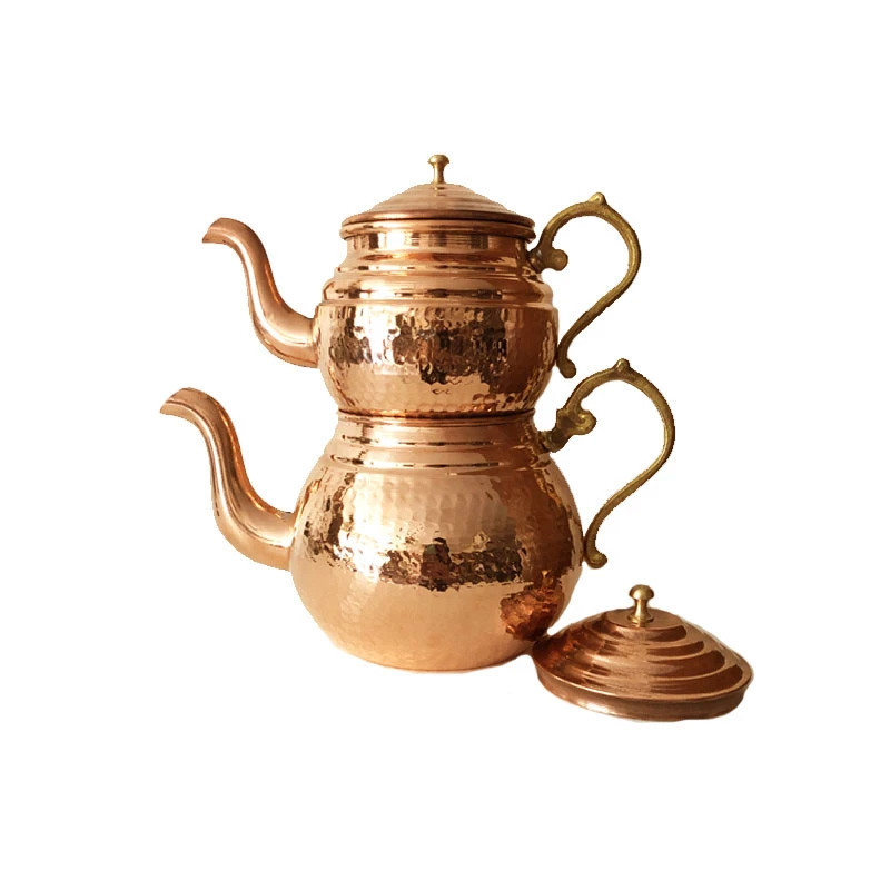 قوری مسی مدل شکمی دسته برنجی کد ZH426  مجموعه 2 عددی