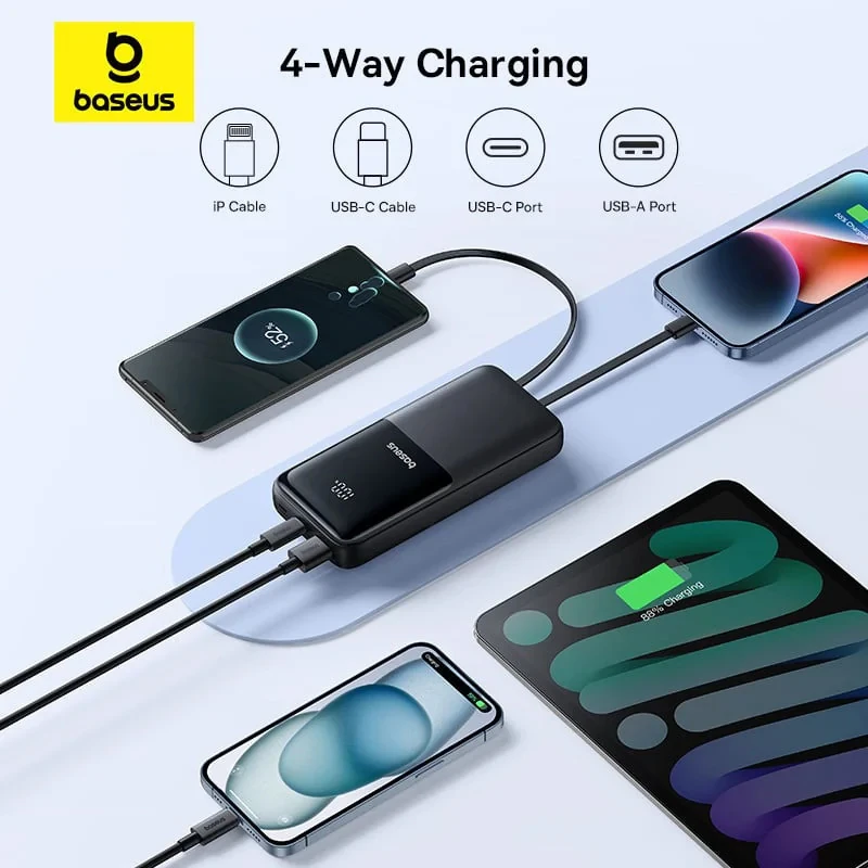 پاوربانک 22.5 وات بیسوس مدل  LIPOW PPJP312 ظرفیت 20000 میلی آمپر ساعت به همراه کابل usb-c و لایتنینگ