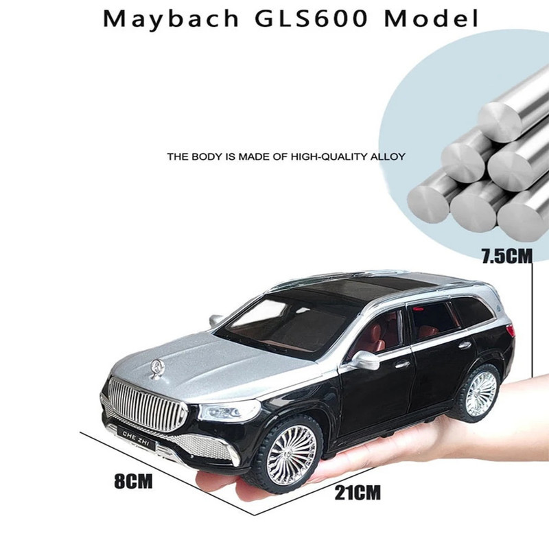 ماکت ماشین بازی فلزی شاسی‌بلند بنز GLS600 مقیاس 1:24 با طراحی دقیق، چراغ‌دار، دارای صدا و حرکت جلو و عقب