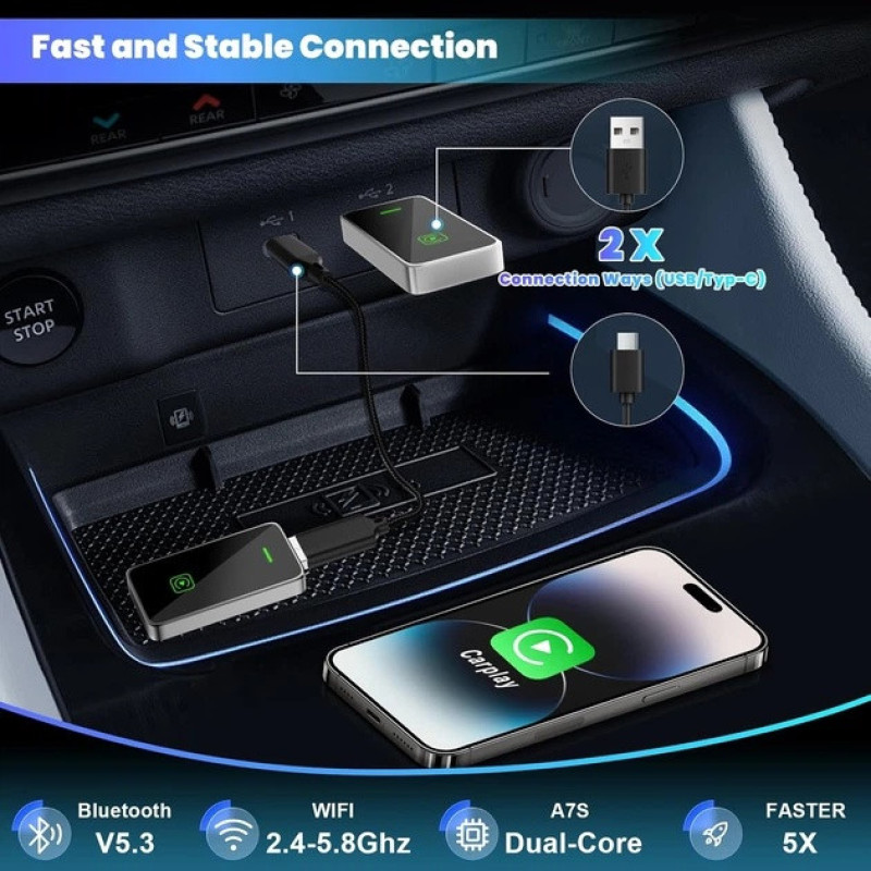 کارپلی و اندروید اتو مدل Wireless P7794 CarplayAndroid Auto به همراه مبدل USB به USB-C