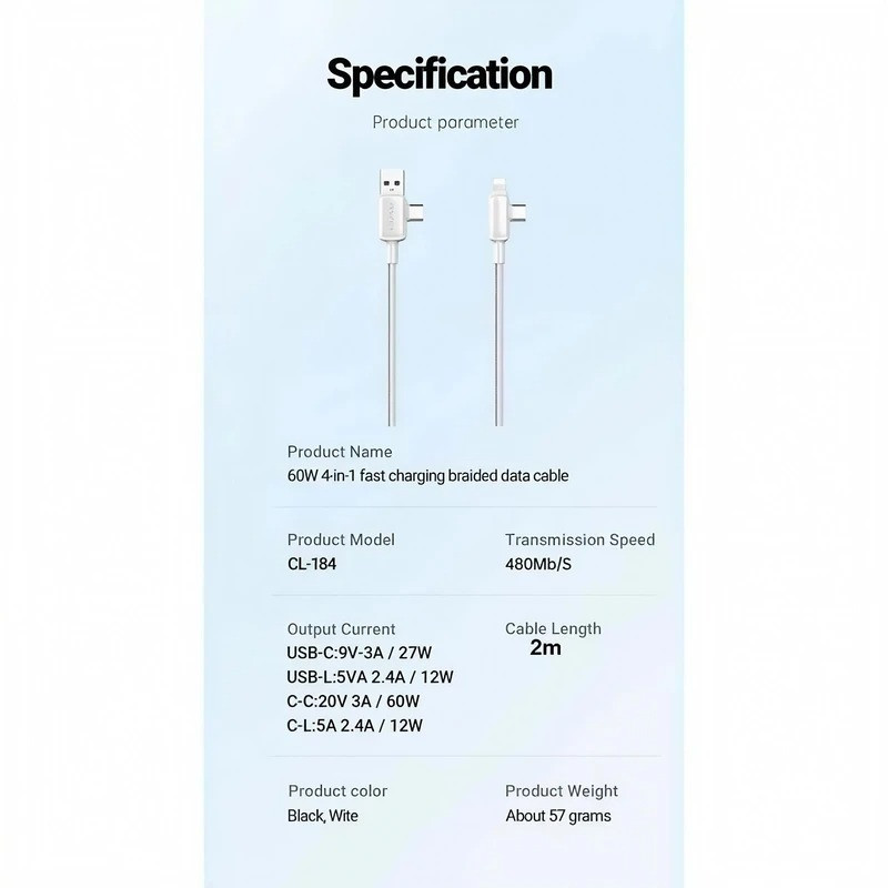 کابل تبدیل USB-C  USB به USB-C  لایتنینگ اوی مدل CL-184 طول 2 متر