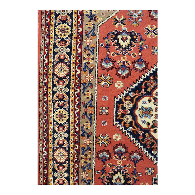 فرش ماشینی 320 شانه زمینه مسی حاشیه مسی مدل ستاره کویر یزد کلکسیون شاهسون کد SH-B005-5039
