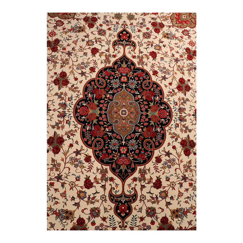 فرش ماشینی 700 شانه زمینه کرم حاشیه سرمه ای مدل شاهکار نوین کد N083-2509