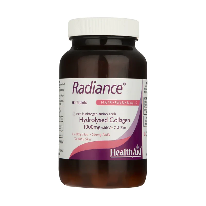 قرص کلاژن هیدرولیز شده هلث اید مدل Radiance با 1000 میلی‌گرم کلاژن، ویتامین C و زینک، بهبود سلامت پوست، مو و ناخن، تقویت مفاصل و افزایش استحکام ناخن‌ها، بسته 60 عددی