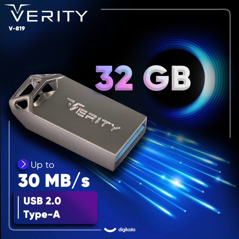 فلش مموری 32 گیگابایت وریتی مدل V-819 با رابط USB 2.0، بدنه فلزی مقاوم و ضد خش، سرعت انتقال 30 مگابایت بر ثانیه، سازگار با گوشی، تبلت، کامپیوتر و تلویزیون