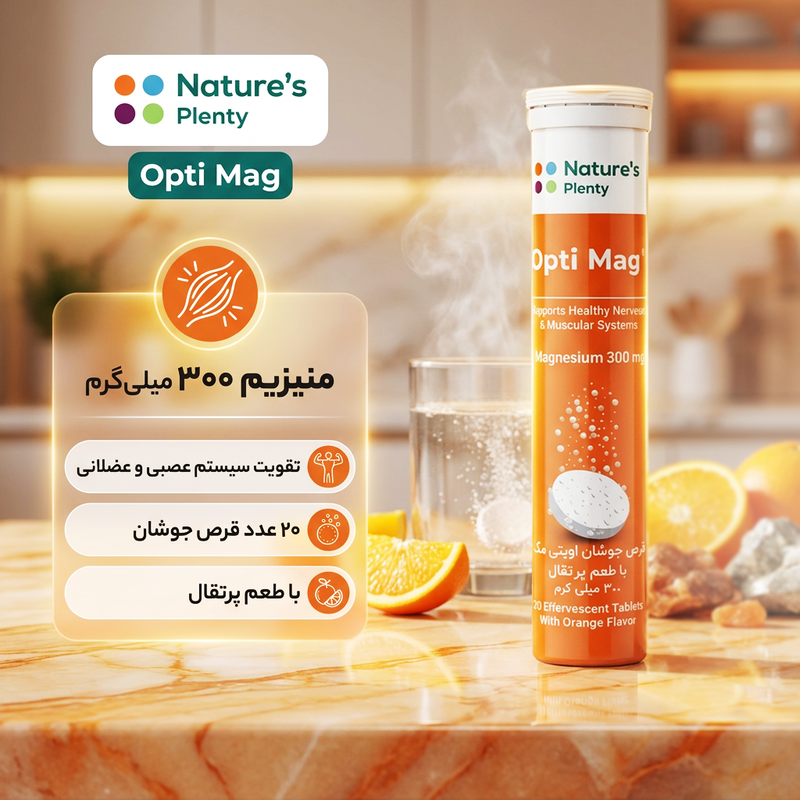 قرص جوشان منیزیم اپتی مگ 300 میلی گرم نیچرز پلنتی بسته 20 عددی با طعم پرتقال، تقویت استخوان و مفاصل، رفع گرفتگی عضلانی، مناسب بزرگسالان و مصرف روزانه