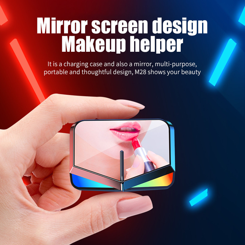 هدفون بلوتوثی مدل M28 بدون قابلیت نویز کنسلینگ، درگاه شارژ USB Type-C، دارای پشتیبانی از فرمان لمسی، دارای نمایشگر میزان شارژ روی محفظه