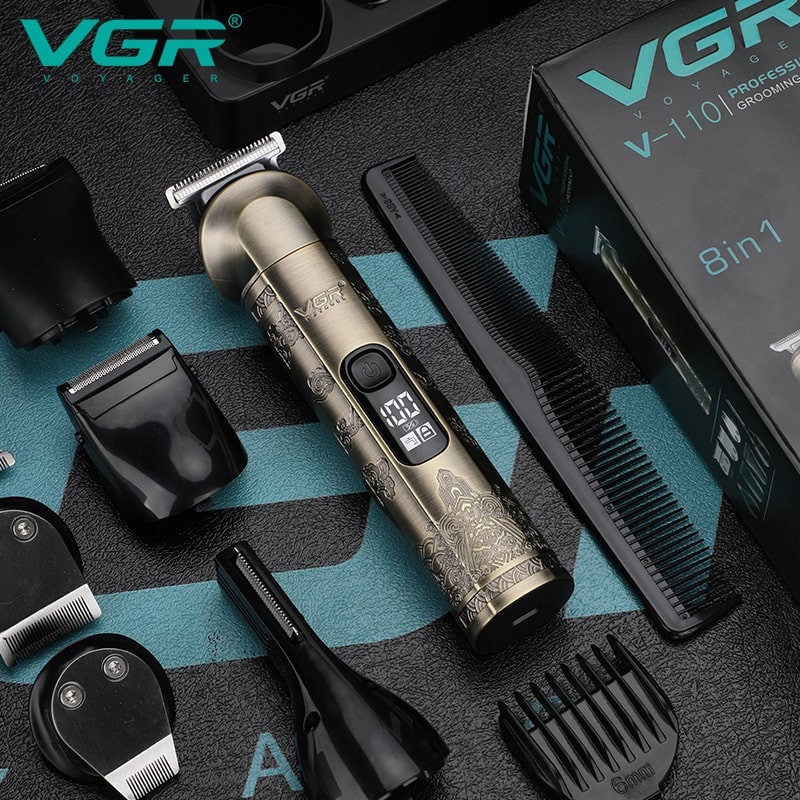 ست ماشین اصلاح موی صورت و بدن وی جی آر مدل V-110 با تیغه استیل ضد زنگ، قابلیت اصلاح صفر، 10 عدد شانه متنوع، نمایشگر باتری، شارژ سریع، ضد آب و استفاده 180 دقیقه پس از شارژ