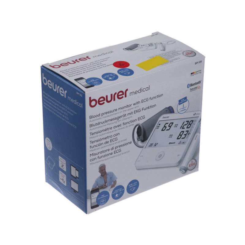 فشارسنج بازویی دیجیتال بیورر مدل BM96 با صفحه نمایش XL و نور پس‌زمینه سفید، تشخیص آریتمی پیشرفته، شاخص ریسک، حافظه دو کاربره هرکدام 60 رکورد، اتصال بلوتوث و USB، نمایش میانگین نتایج و هشدار باتری ضعیف