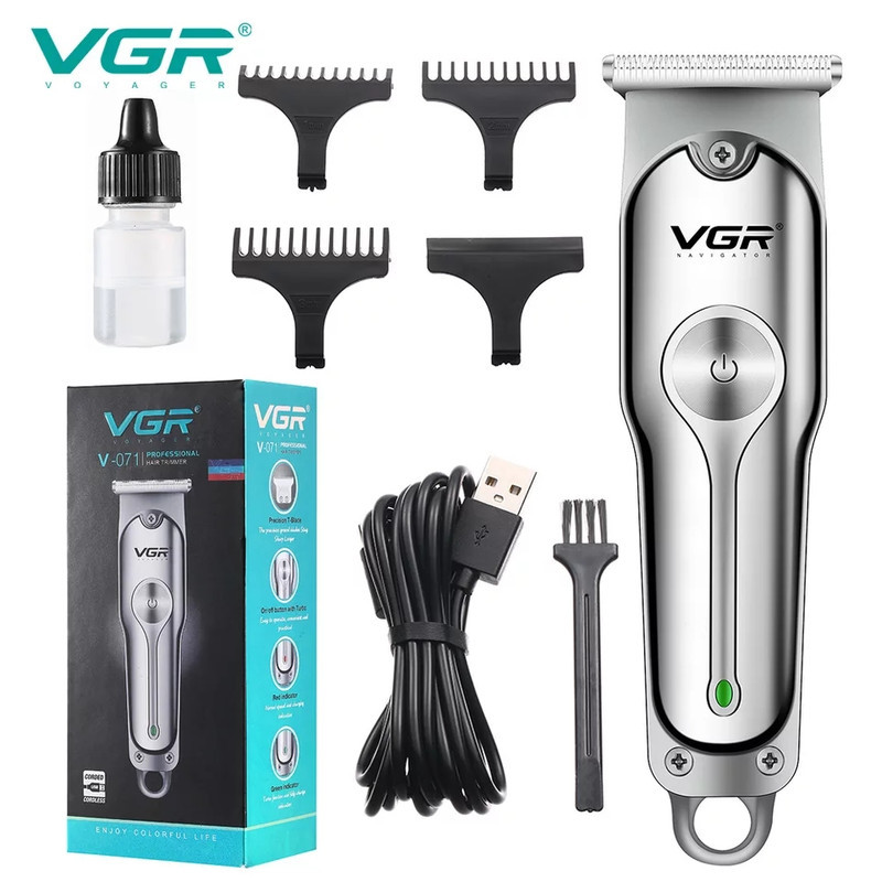 ماشین اصلاح موی سر و صورت وی جی ار مدل V-071 با تیغه دوار روکش الماس، موتور 8500 دور در دقیقه، باتری 600 میلی‌آمپر ساعت، شارژ USB، استفاده خشک و مرطوب و شانه قابل تنظیم دستی