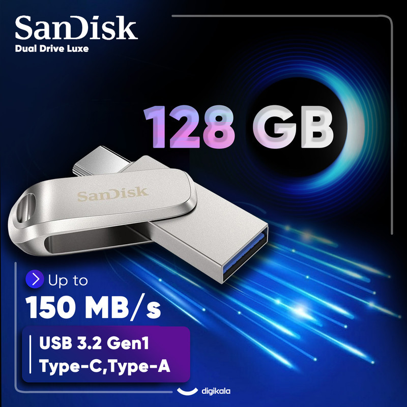 فلش مموری سن دیسک مدل Dual Drive Luxe ظرفیت 128 گیگابایت با طراحی چرخشی، دو رابط USB Type-C و USB Type-A، سرعت انتقال 150 مگابایت بر ثانیه، بدنه فلزی و سازگار با موبایل، تبلت، کامپیوتر و تلویزیون
