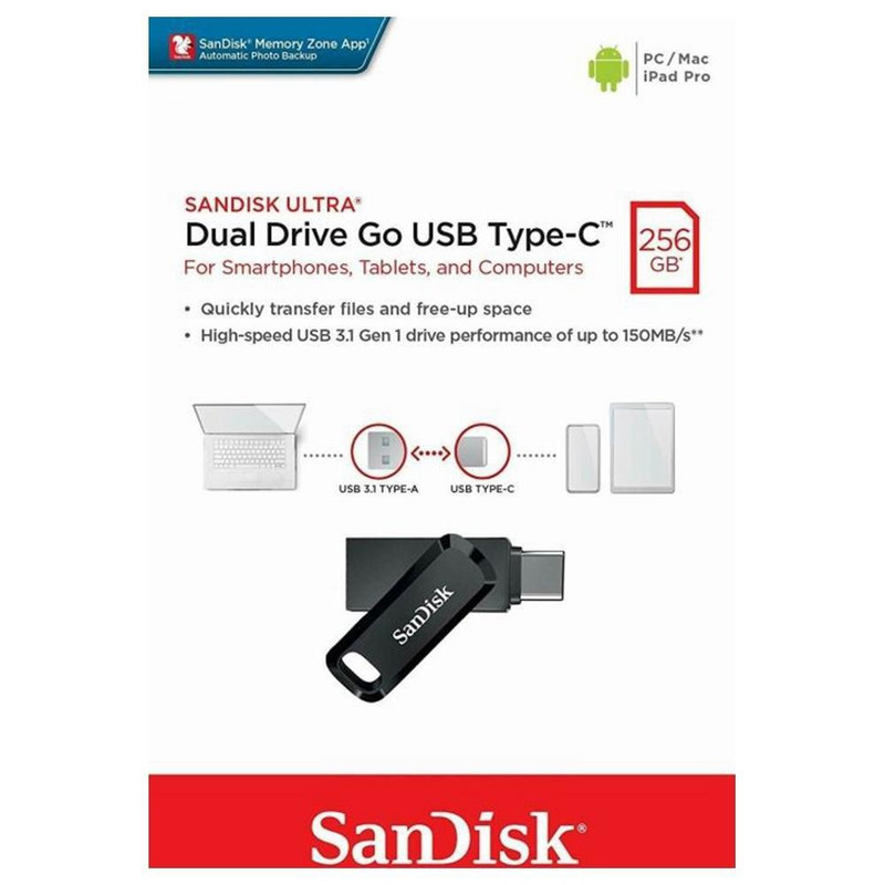 فلش مموری سن دیسک Ultra Dual Drive Go ظرفیت 256 گیگابایت با درگاه USB Type-C مقاوم در برابر خش، شوک، لرزش و گرد و غبار